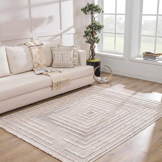 Hauteloom Lunao Living Room, Bedroom Area Rug - Geometric, Solid & Striped - Charcoal, Cream, Beige - 2' x 3'