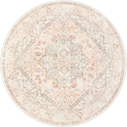 LIVEBOX Washable Peachy Pink Rug 5ft - Medallion Vintage Circle Rugs for Bedroom, Low-Pile Tribal Print Carpet for Nursery, Non-Slid Distress Floral Circular Rug for Living Room Kid's Room Entryway