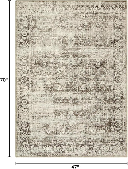 Lahome Washable Rugs 5x7 Boho Living Room Area Rug,Soft Throw Bedroom Area Rug,Retro Distressed Non-Slip Low-Pile Accent Rug Indoor Carpet for Entryway Office Home Decor(5 x 7,Beige)