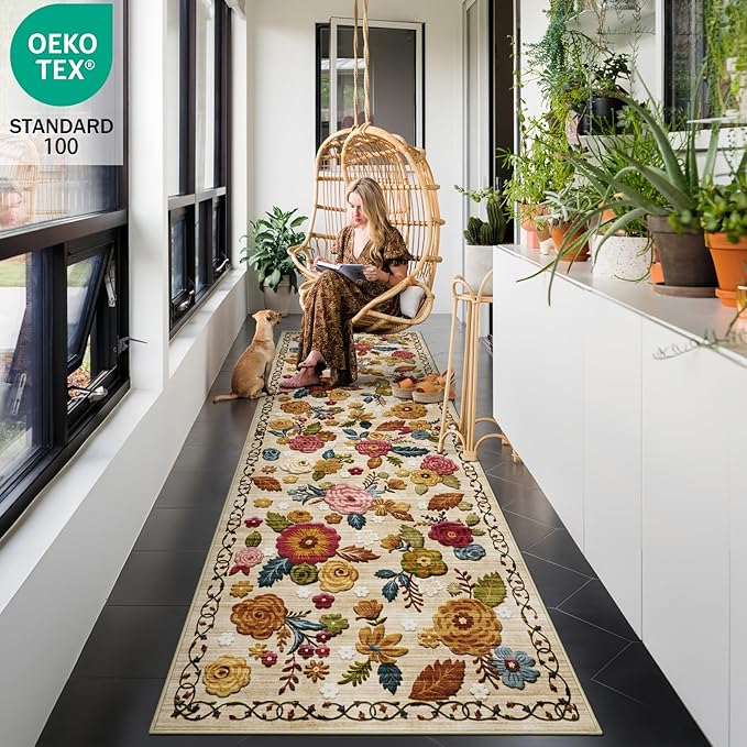 2'6''x8' Machine Washable Runner Rug, Kitchen Hallway Area Rug Beige Vintage Boho Floral Ultra Non-Slip Low Pile Soft Faux Wool Carpet, Kids and Pets Friendly for Bedroom Entryway Nursery Decor Rug
