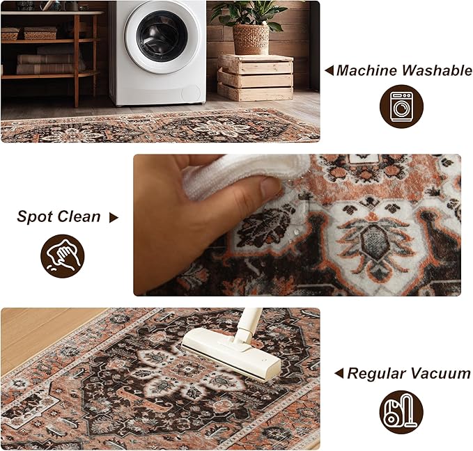XWZO Washable Hallway Runner Rug 2x8ft — Non-Slip Low Pile Area Rug with Rubber Backing, Spill Resistant Soft Vintage Floor Carpet Runner for Kitchen Entryway Doorway Bedroom Corridor, Brick Red