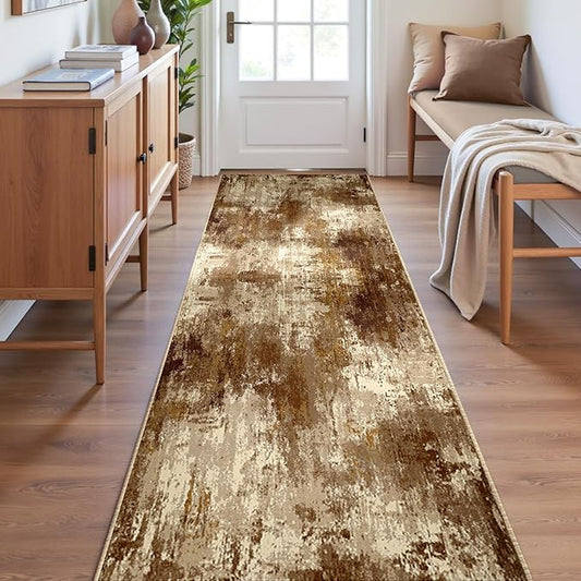 Washable Area Rugs 2'x8' Non-Slip Modern Abstract Soft for Living Room Entryway Bedroom Nursery, Print Pattern, Brown Tan Beige Coffee