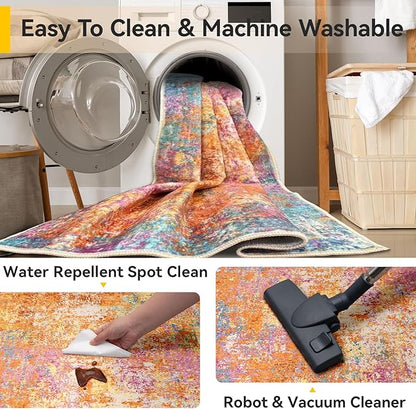 Washable Area Rugs 2'x10' Non-Slip Modern Abstract Soft for Living Room Entryway Bedroom Nursery, Print Pattern, Orange Blue Pink Yellow Colorful