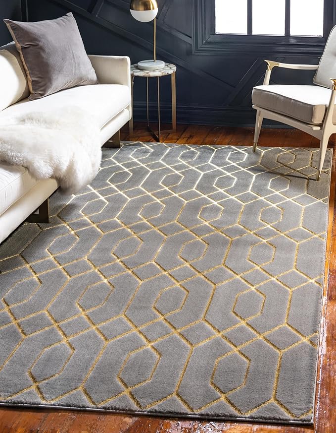 Marilyn Monroe Glam Collection Area Rug - Trellis (6' 1" x 9' Rectangle, Gray Gold/ Gold)