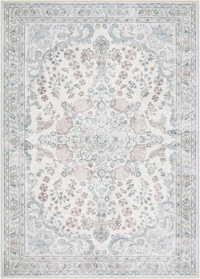 Wonnitar 5x7 Washable Area Rugs, Blue Vintage Floral Rug for Bedroom Decor, Soft Cozy Low Pile Non-Slip Boho Floor Carpet for Living Room Kids Room Office Indoor Décor