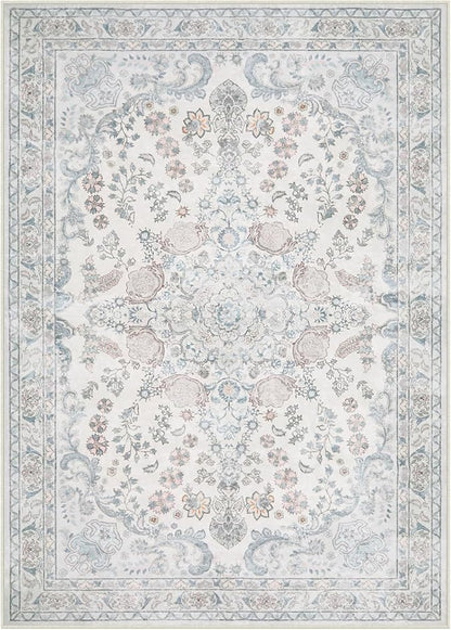 Wonnitar 5x7 Washable Area Rugs, Blue Vintage Floral Rug for Bedroom Decor, Soft Cozy Low Pile Non-Slip Boho Floor Carpet for Living Room Kids Room Office Indoor Décor