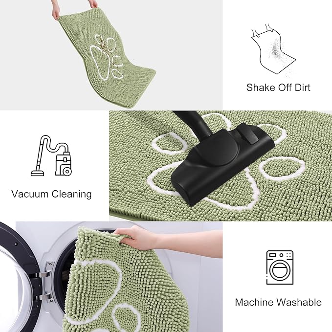 Smiry Dog Door Mat for Muddy Paws, Absorbent Dirt Trapper Non Slip Quick Dry Washable Chenille Mat for Mud Dogs, Entry Rug for Indoor and Outdoor (71x46 Inches, Sage Green and White)