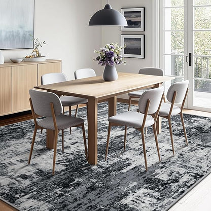 Washable Area Rugs 9'x12' Non-Slip Modern Abstract Soft for Living Room Entryway Bedroom Nursery, Print Pattern, Black Gray
