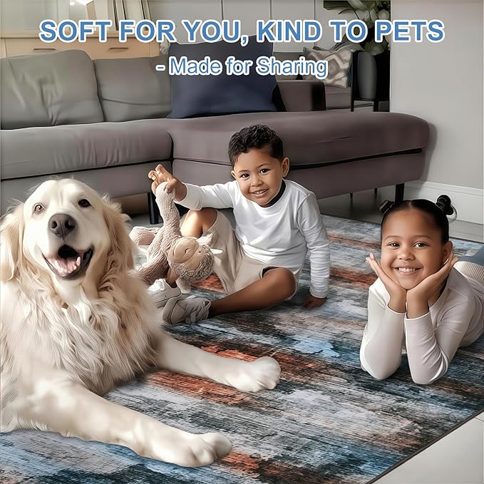 WILLSUN Washable Area Rugs, 6x9 Non-Slip Boho Large Area Rugs for Living Room, Bedroom, Machine Washable Vintage Rug, Indoor Floral Print Carpet for Home Decor, Kid & Pet Friendly Mat
