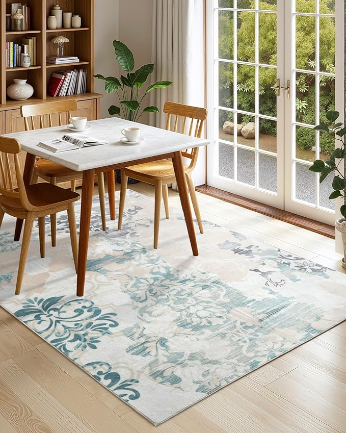 Washable Abstract Rug, 4x6 Ivory and Aqua Floral Area Rugs with Non-Slip Rubber Backed for Bedroom, Low Pile Modern Throw Carpet Kitchen Living Room Decor