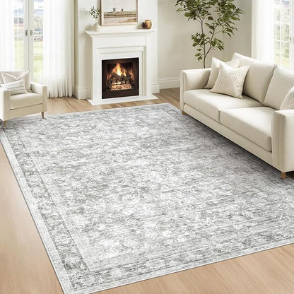 5x7 Area Rugs for Living Room: Washable Vintage Floral Rug Low Pile Non-Slip Boho Carpet for Bedroom Nursery Dining Room (Grey, 5'x7')