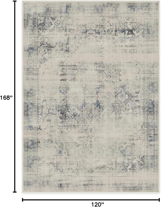 RUGGABLE Washable Vintage Area Rug – Kamran Blue Quartz 10x14, Stain-Resistant, Non-Slip – Large Machine Washable Rugs for Living Room, Bedroom, Hallway, Entryway & Office–with Standard Pad
