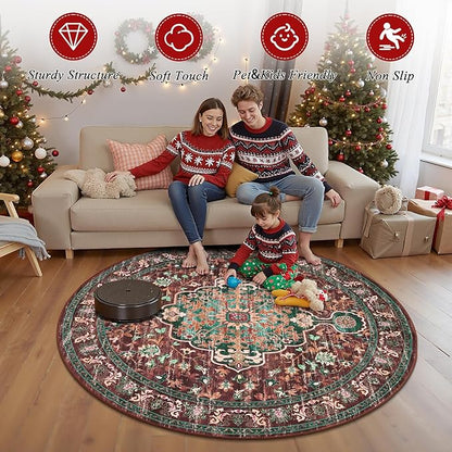 U'Artlines Boho Vintage Area Rug 3x5 Machine Washable Low Pile Ultra-Thin Soft Floor Carpet Non Slip Non Shedding Accent Rug for Living Room Bedroom Entryway Dining Room Office Rust＆Teal