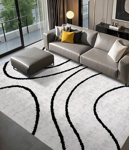 YIHOUSE Black Modern Area Rug 6x9,Abstract Rugs for Bedroom,Black and White Geometric Rug,Minimalist Striped Rug,Dark Washable Area Rugs 5x7 Non Slip Rugs for Living Room，Office