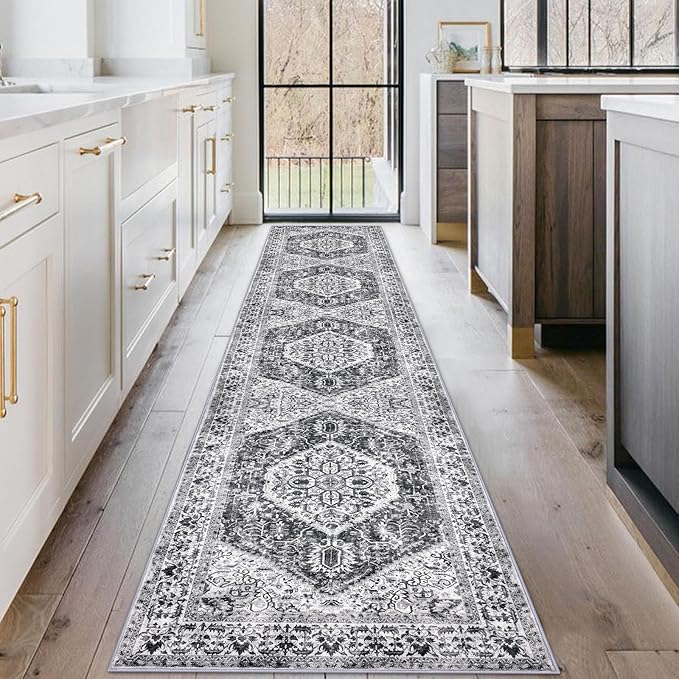 KOZYFLY Long Runners for Hallways 2x10 Ft Washable Kitchen Runner Rug Boho Runner Rug for Entryway Indoor Printed Faux Wool Stair Runner Floor Carpet for Stair Kitchen Hall, Grey