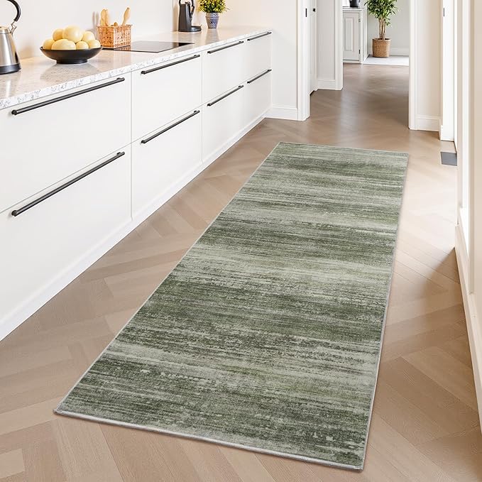 PADOOR Modern Abstract Runner Rug - 2x10 Washable Hallway Rugs, Ultra Soft Non-Slip Low Pile Floor Rugs for Hallway Entryway Kitchen Bedroom Bedside Laundry Room Green