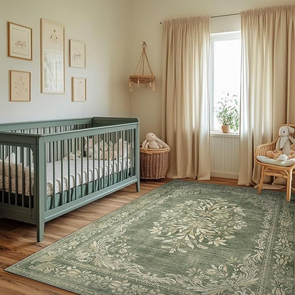 jinchan Floral 6x9 Green Area Rugs for Living Room - Machine Washable Vintage Distressed Design Soft Throw Rug Non-Slip Large Carpet for Bedroom Dining Room Home Office Nursery (6x9ft,Dark Green)