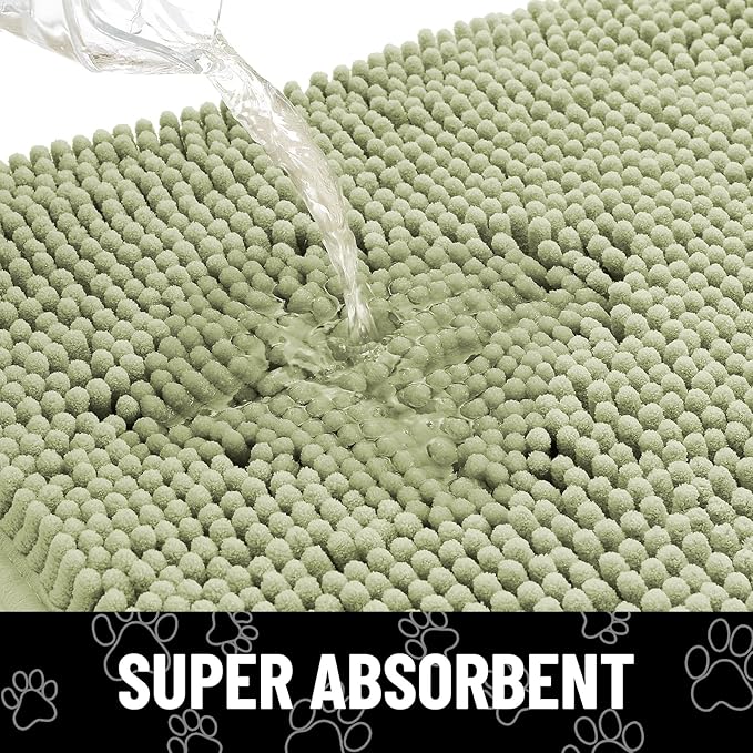 Smiry Dog Door Mat for Muddy Paws, Absorbent Dirt Trapper Non Slip Quick Dry Washable Chenille Mat for Mud Dogs, Entry Rug for Indoor and Outdoor (71x46 Inches, Sage Green and White)