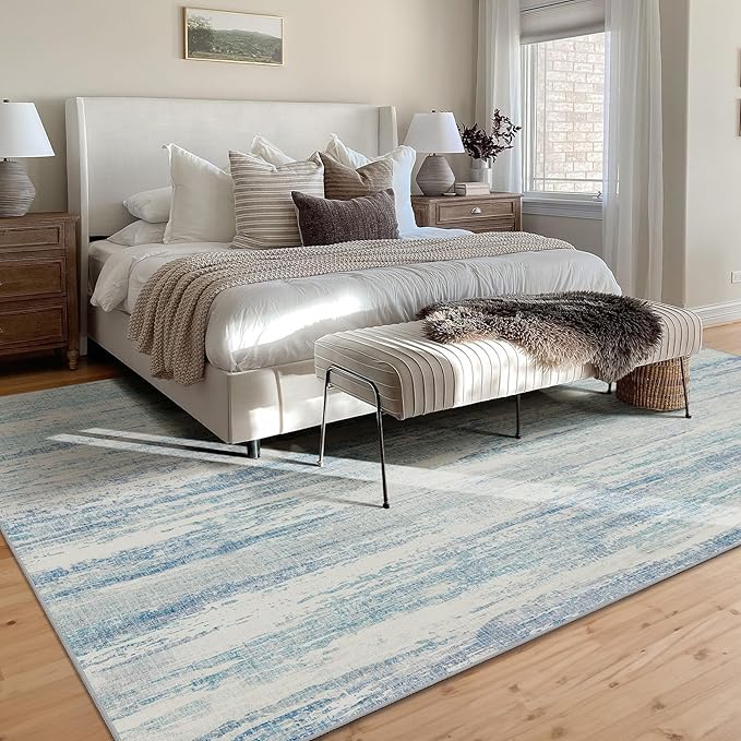 MUJOO 9x12 Area Rug,Washable Rugs for Living Room Bedroom Dining Room,Modern Abstract Large Non Slip Throw Carpet Indoor,Low Pile Accent Neutral Blue