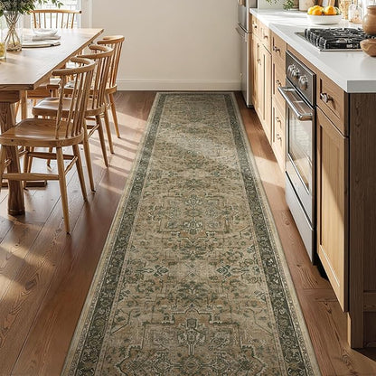 Washable Runner Rug 2x10 for Hallways, Retro Distressed Moody Medallion Long Carpet Runner for Entryway Mudroom, Low Pile Thin Soft Kitchen Bathroom Runner Rug Non Slip, Multi Brown/Slate Green