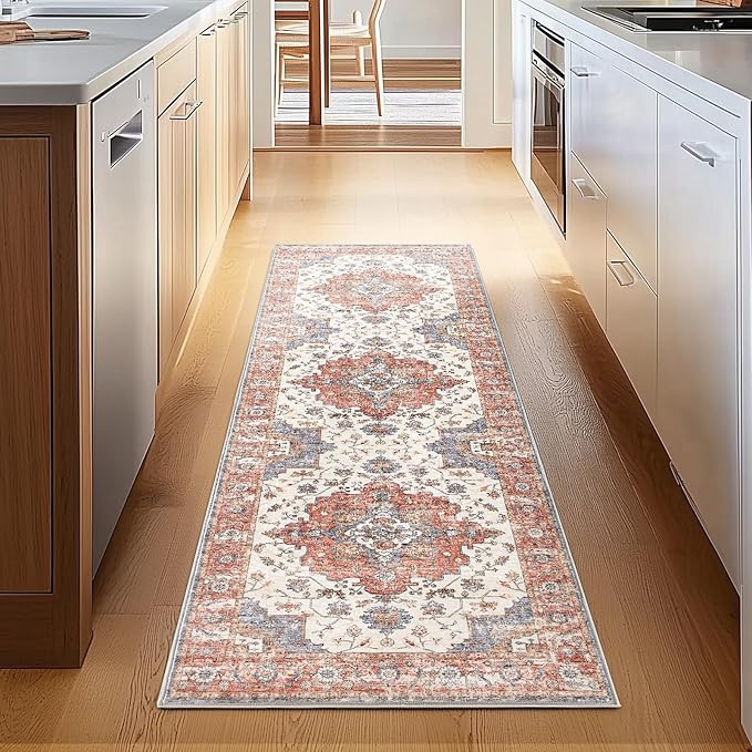 jinchan Runner Rug 3x8 Vintage Hallway Runner Boho Washable Rug Floral Medallion Retro Non Slip Classic Thin Soft Carpet for Kitchen Bedroom Bathroom Laundry Room Doorway Brick Red