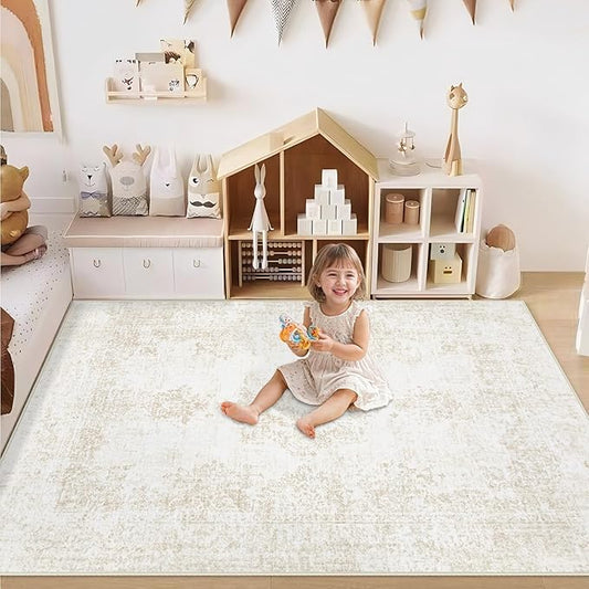 Area Rug 4x6 Entryway Rugs - Machine Washable Vintage Boho Area Rug Non-Slip Bedroom Rugs Soft Stain Resistant Living Room Carpet, Oriental Distressed Rug for Dining Room Office Nursery(Ivory, 4'x6')
