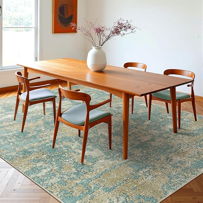 WITSHOCK Living Room Area Rugs 7x9：Modern Abstract Machine Washable Large Rug for Bedroom Dining Room Non-Slip Stain Resistant Home Office Decor,Teal Brown