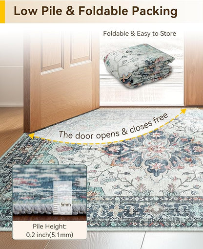 Area Rugs 8'x10' Washable Non-Slip, Floral Vintage Distress Print Pattern Medallion Carpet for Living Room Bedroom Dining Room, Green Navy Blue White Red Teal Colorful