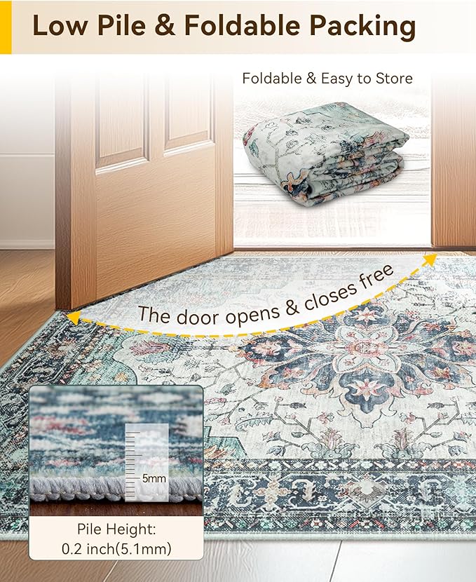 Area Rugs 3'x10' Washable Non-Slip, Floral Vintage Distress Print Pattern Medallion Carpet for Living Room Bedroom Dining Room, Green Navy Blue White Red Teal Colorful