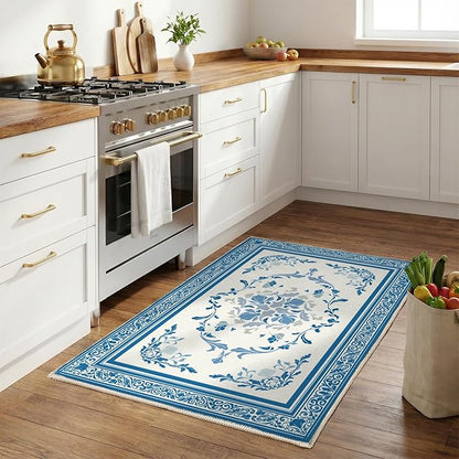 SOULFUL Medium Pile 2x3 Entryway Rug - Cozy Soft Underfoot Small Area Rug - Blue Boho Floral - Washable Non-Slip - Perfect for Hallway Kitchen Bedroom Bathroom Indoor Entrance