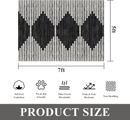 HelloTree Area Rug for Living Room Washable Geometric Moroccan Rug Stripe Farmhouse Bohemian Minimalistic Non Slip Non Shedding Ultra Thin Soft Rug for Bedroom Office DiningRoom Nursery-Black 5'x7'