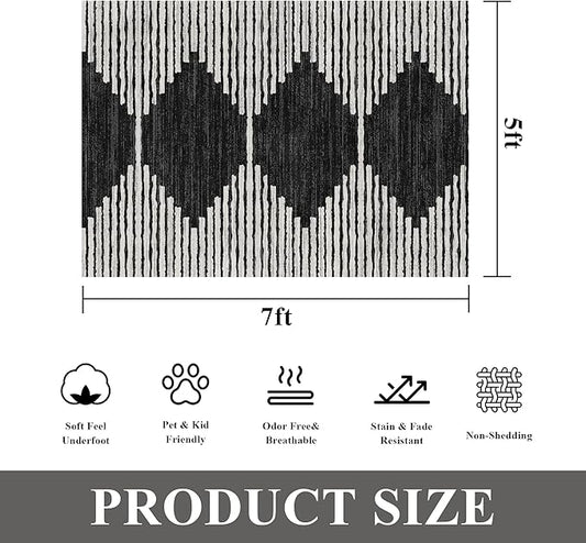 HelloTree Area Rug for Living Room Washable Geometric Moroccan Rug Stripe Farmhouse Bohemian Minimalistic Non Slip Non Shedding Ultra Thin Soft Rug for Bedroom Office DiningRoom Nursery-Black 5'x7'