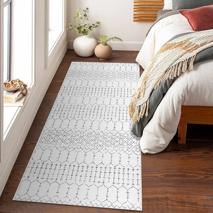 Lahome Moroccan Washable Runner Rug - 2x6 Non-Slip Throw Hallway Rug Runner Ultra-Thin Soft Kitchen Laundry Room White Print Distressed Carpet for Entryway Bathroom Living Room