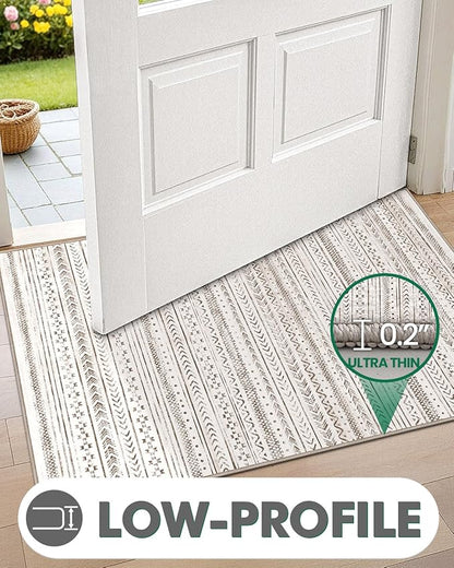 LUMI Ultra Thin Door Mat, 36x59 Non Slip Indoor Doormat Entrance Washable Rugs Entryway Oriental Vintage Soft Carpet for Kitchen Bedroom Front Door, White and Brown