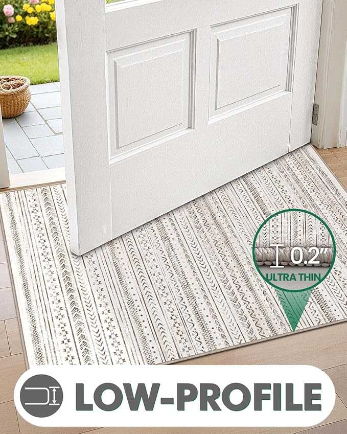 LUMI Ultra Thin Door Mat, 32x47 Non Slip Indoor Doormat Entrance Washable Rugs Entryway Oriental Vintage Soft Carpet for Kitchen Bedroom Front Door, White and Brown