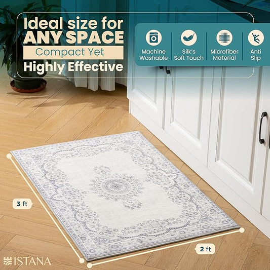 Istana Small Rug 2x3 - Grey/White Cream Rugs for Living Room - Foldable 2x3 Washable Rug Non Slip - Non-Shedding Area Rug Living Room - Anti-Slip Oriental Rugs w/Soft Microfiber