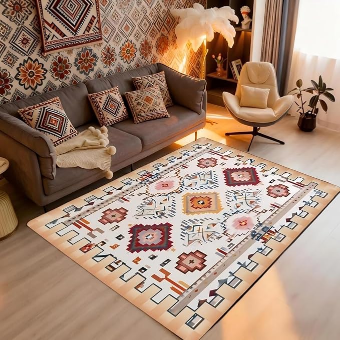 Bohemian Large Area Rug 5x7 Boho Decor Western Living Room Rug | Southwestern Native Aztec Rugs for Bedroom, Ethnic Tribal Geometric Carpet Indoor Floor Mat