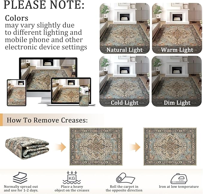2x3 Machine Washable Area Rug for Entryway, Blue Beige Boho Vintage Floral Rug Non-Slip Low Pile Soft Faux Wool Small Carpet, Kids and Pets Friendly for Bedroom Kitchen Hallway Bedside Home Decor Rug
