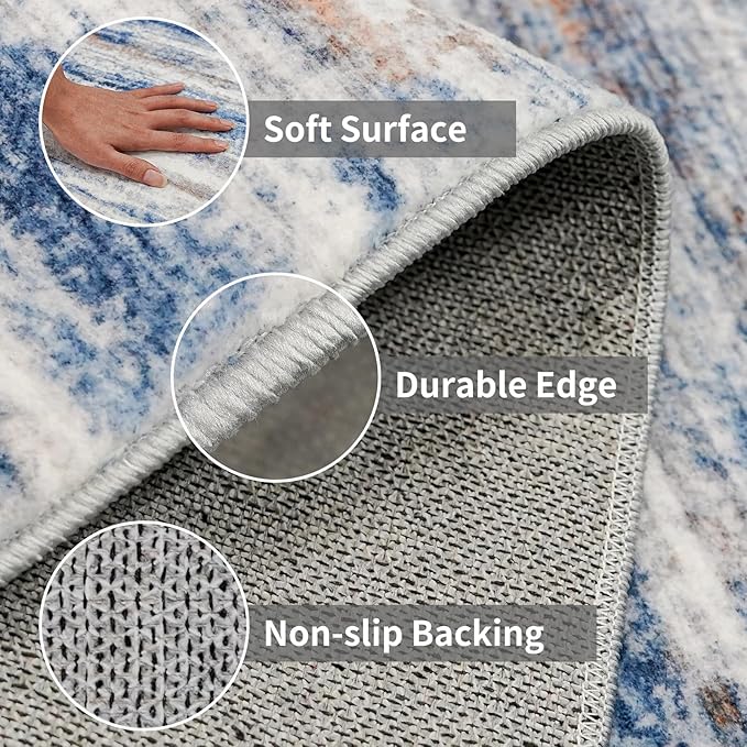 6x9 Area Rug for Living Room: Non-Slip Washable Rugs for Dining Room Bedroom Study Home Office - Easy-to-Clean Stain and Water Resistant Carpet - Soft Low-Pile Mat Navy Grey