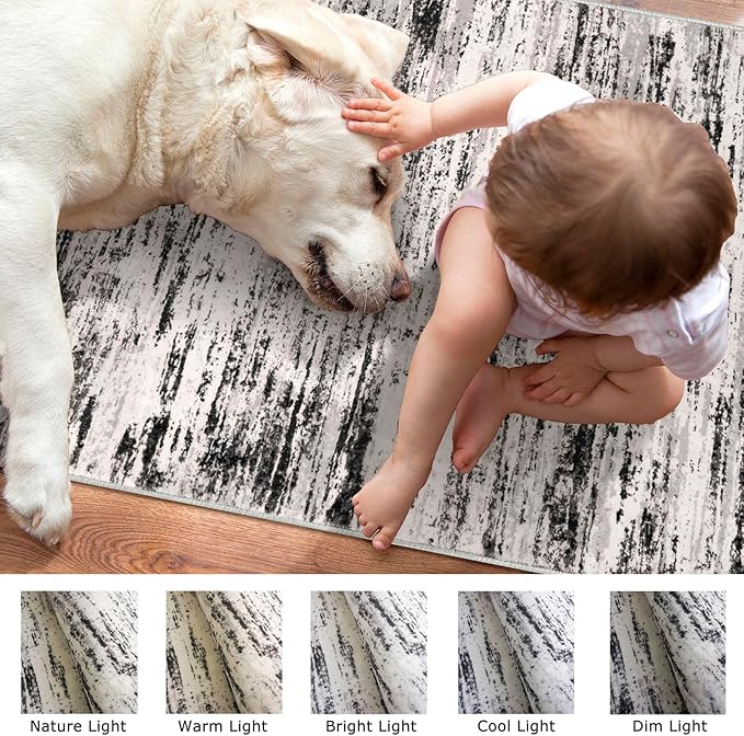 Modern Abstract Runner Rug 2x6, White Black Grey Taupe Washable Kitchen Runner Non-Slip Soft Hallway Rug Runner Thin Print Faux Wool Carpet for Entryway Bedroom Laundry Room Indoor Home Decor