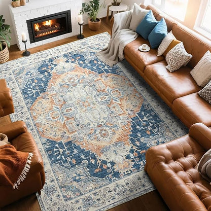 Large Area Rugs 8x10, Low Pile Washable Rugs, Soft Vintage Distressed Rugs for Living Room Bedroom, Office, Dining Room, Water Repellent & Non Shedding, Blue and Orange