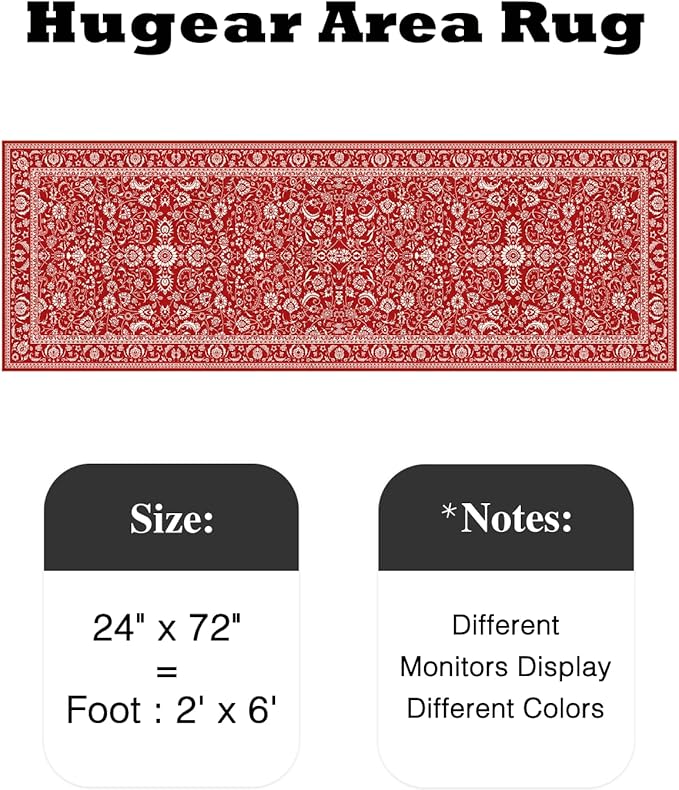 HUGEAR Christmas 2x6 Runner Rug Machine Washable Red Hallway Area Rugs Indoor Accent Rugs Floral Low Pile Carpet Distressed Throw Rug Bedroom Living Room Office Dining Kitchen Laundry Non Slip