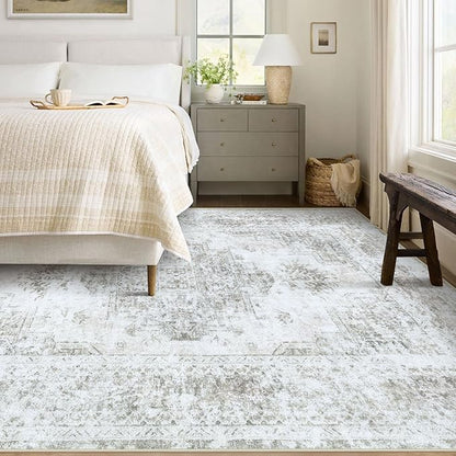 Area Rug 6x9 Living Room Rug, Machine Washable Vintage Distressed Medallion Rug Non-Slip Soft Low Pile Large Indoor Rugs for Bedroom Kitchen Dining Room Office(Taupe,6'x9')