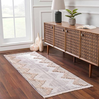 Hauteloom Maulawin Farmhouse Living Room Bedroom Southwestern Tribal Area Rug - Soft Shaggy High Low Carpet - High Pile - Bohemian, Boho - Gray, Brown, Beige, Cream - 6'7" x 9'