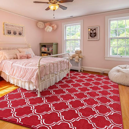 Amearea Fluffy Indoor Area Rug, Soft Trellis Moroccan Rugs for Bedroom, Shag Modern Area Rug for Living Room Kids Room Nursery, Easy Clean, Home Decor Low Pile Carpet, Wine Red 5x7 Feet