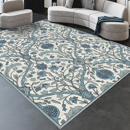 Washable Area Rug 8x10, Large Soft Rugs Vintage Rug for Living Room, Bedroom Rug, Farmhouse, Dining Room, Kids Playroom, Cream Gray Multi