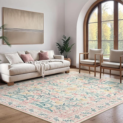 Wonnitar Floral Large Rugs for Living Room, Soft Light Pink Rug Washable 9x12 Carpet Non Slip, Boho Foldable Non-Shedding Kids Carpet for Bedroom Girls Nursery Dorm Playroom