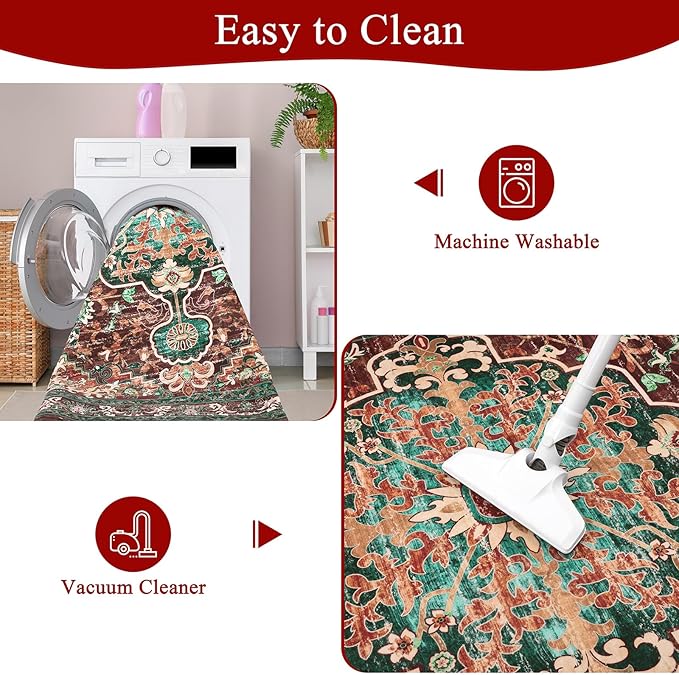 U'Artlines Boho Vintage Round Area Rug 4ft Machine Washable Low Pile Soft Floor Carpet Non Slip Non Shedding Accent Rug for Living Room Bedroom Entryway Dining Room Office Rust＆Teal