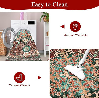 U'Artlines Boho Vintage Area Rug 4x6 ft Machine Washable Low Pile Soft Floor Carpet Non Slip Non Shedding Accent Rug for Living Room Bedroom Entryway Dining Room Office Rust＆Teal