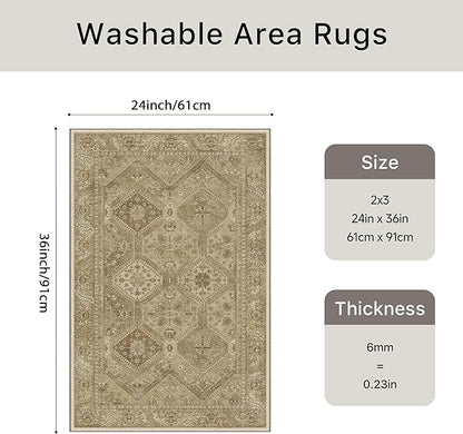 Bavni Clearance 2x3 Rugs for Entryway Indoor, Machine Washable Area Rug Non Slip, Vintage Distressed Throw Rugs, Ultra-Thin Small Entry Carpet, Low Pile Door Mat for Entrance, Bedroom, Bathroom, Brown